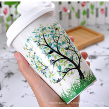 Wishing Tree Ceramic double wall Coffee Mug with White Silicone Lid, 14 oz